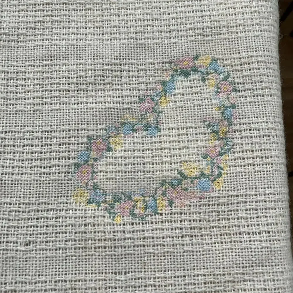 Faribo Waffle Knit Wool Blend Throw Blanket Cream Embroidered Floral Heart 53x49